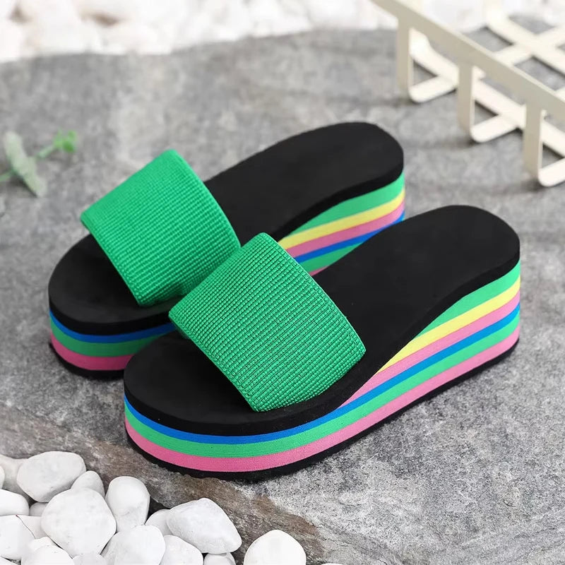 Women's Rainbow Bohemian Wedge Flip Flops | Non-Slip Beach Sandals