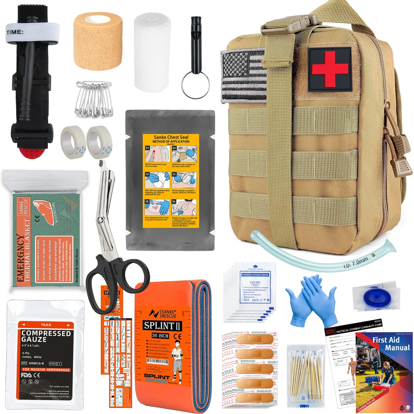 Survival Gear with Molle System Survival Kit First Aid Compatible Bag Earthquake Outdoor IFAK EDC Hiking Hunting Gifts for Men Peaceful Pleasures Health and Wellness Full set Kakhi