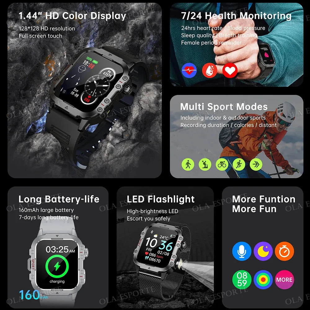 Military Smartwatch 1.44" BT Call GPS Fitness Tracker 3ATM