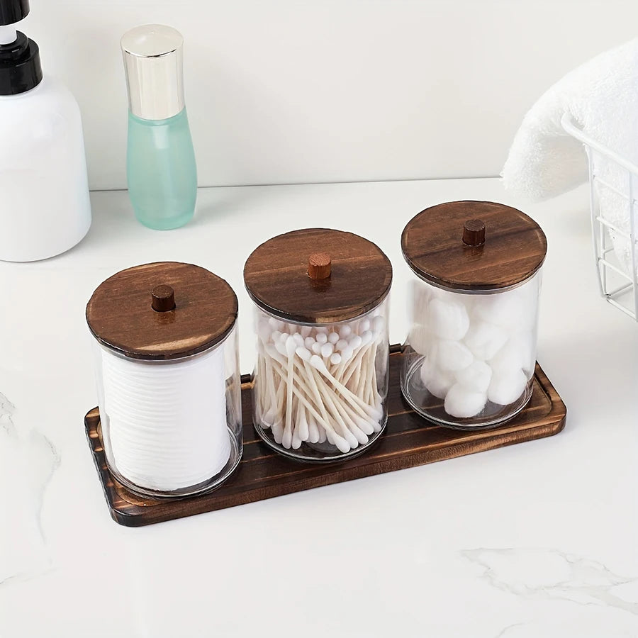 3pc Clear Apothecary Jar Set with Vanity Tray – Bathroom Organizer for Cotton Swabs, Balls & Pads (10 oz)