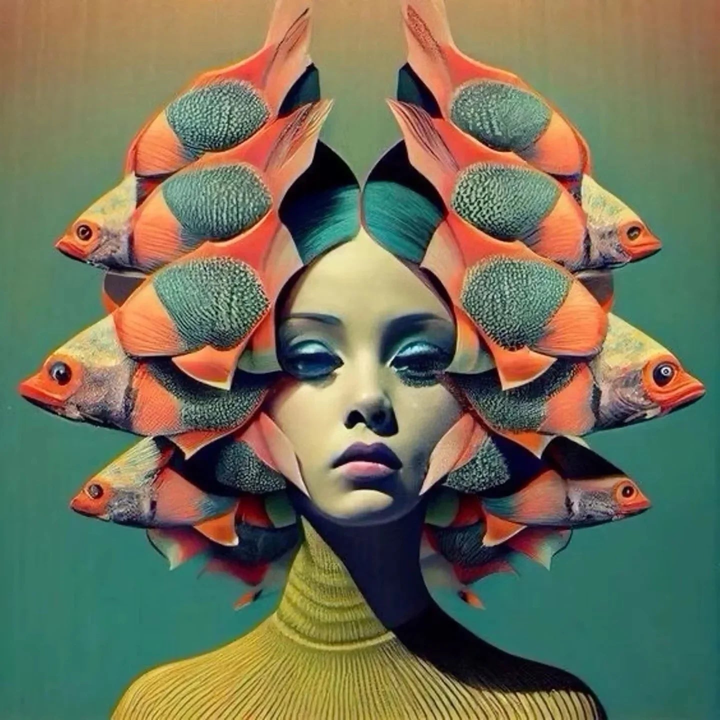 Surrealism Woman & Fish Canvas Wall Art | Fantasy Portrait Print