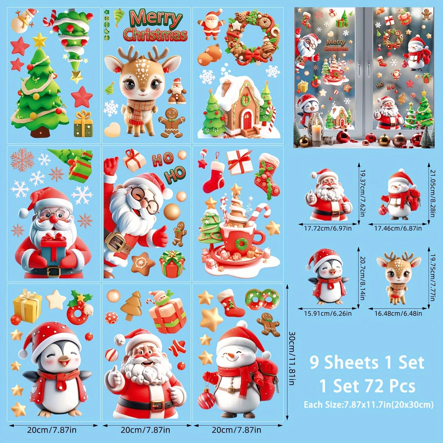 9 Sheets 72 Santa Snowman Glass Stickers Christmas Tree Refrigerator