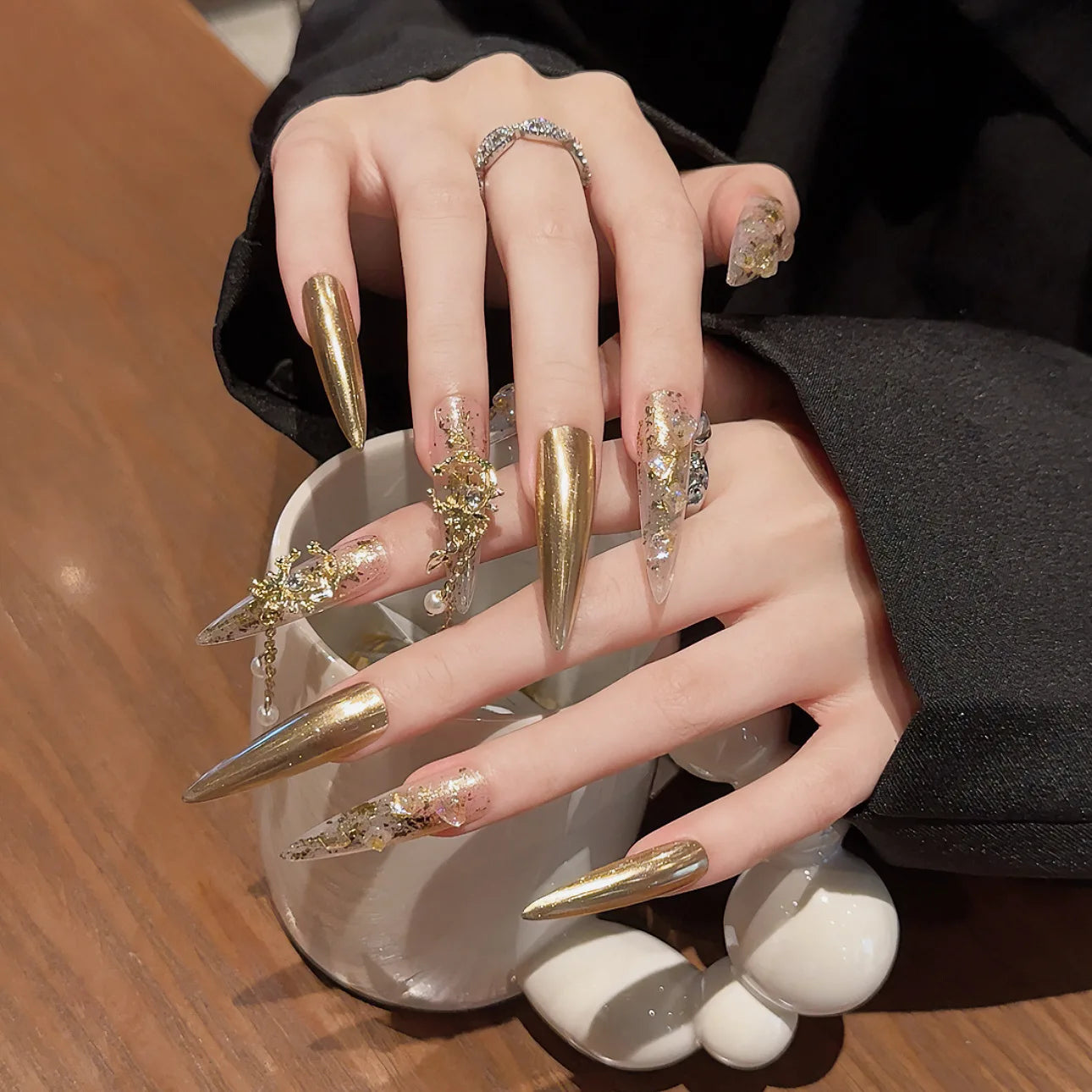 Handmade Press on Nails Golden Mirror Long Pointed Fake Nail Tips for Women Wearable Detachable Gold Foil Fashion False Nails Peaceful Pleasures Health and Wellness