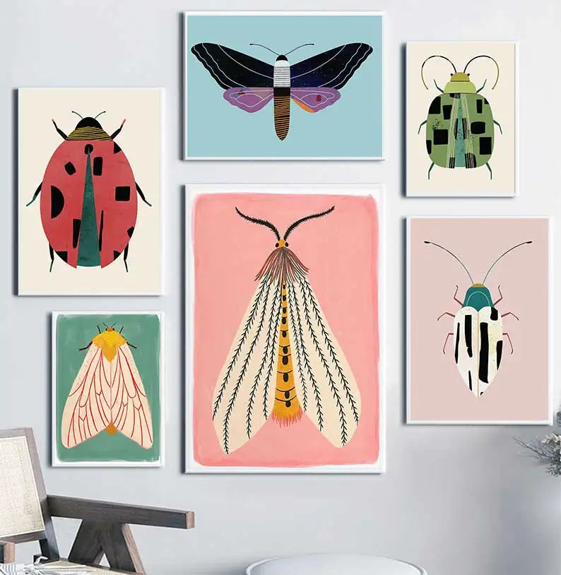 Butterfly Wall Art Ladybug Tiger Moth Beetle Feather Canvas Painting Nordic Poster Printing Wall Picture Bedroom Decoration Peaceful Pleasures Health and Wellness