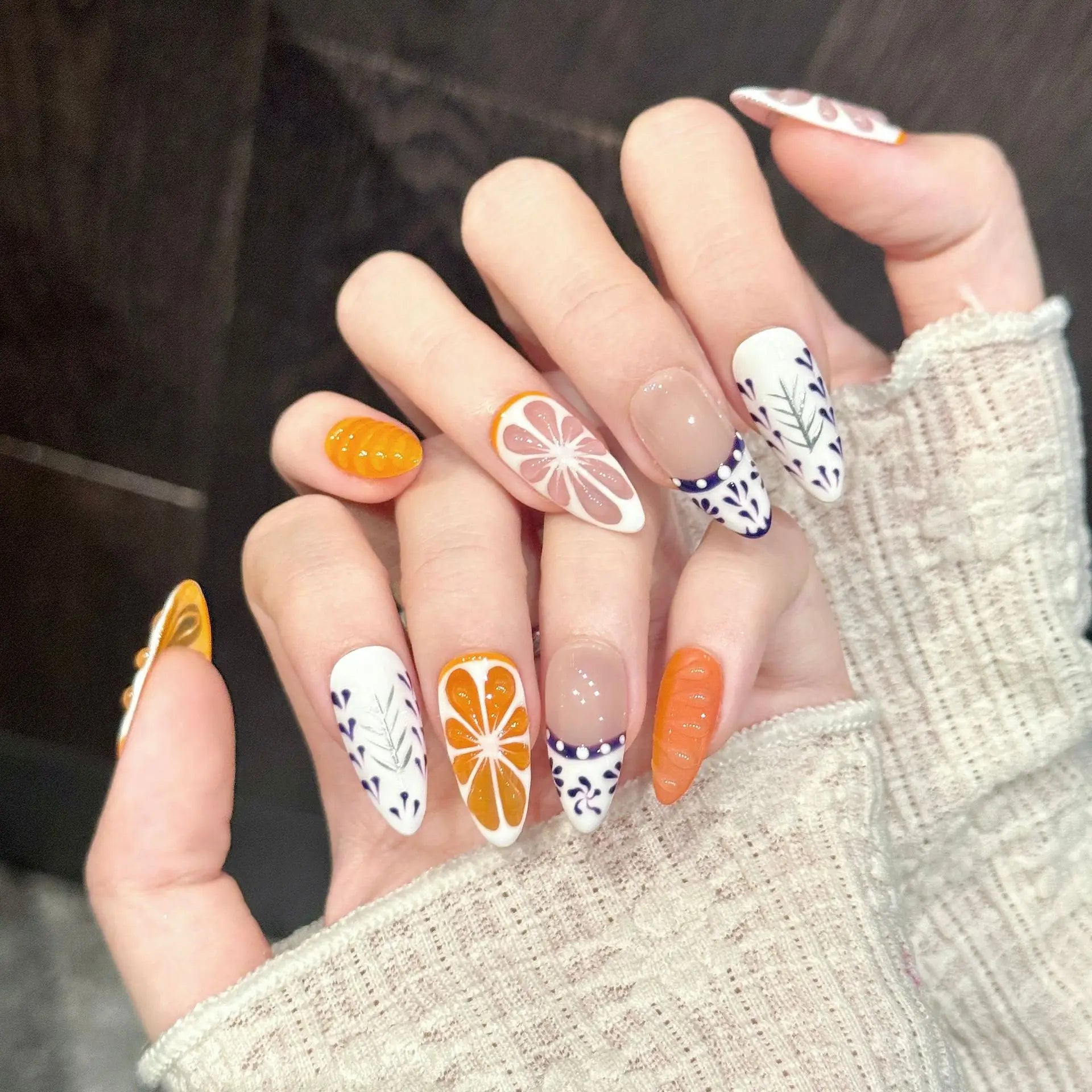 10pcs Handmade Press On Nails 3D Grapefruit And Orange Decor Wearable Almond Artificial Nails Self Adhesive Reusable For Women Peaceful Pleasures Health and Wellness L