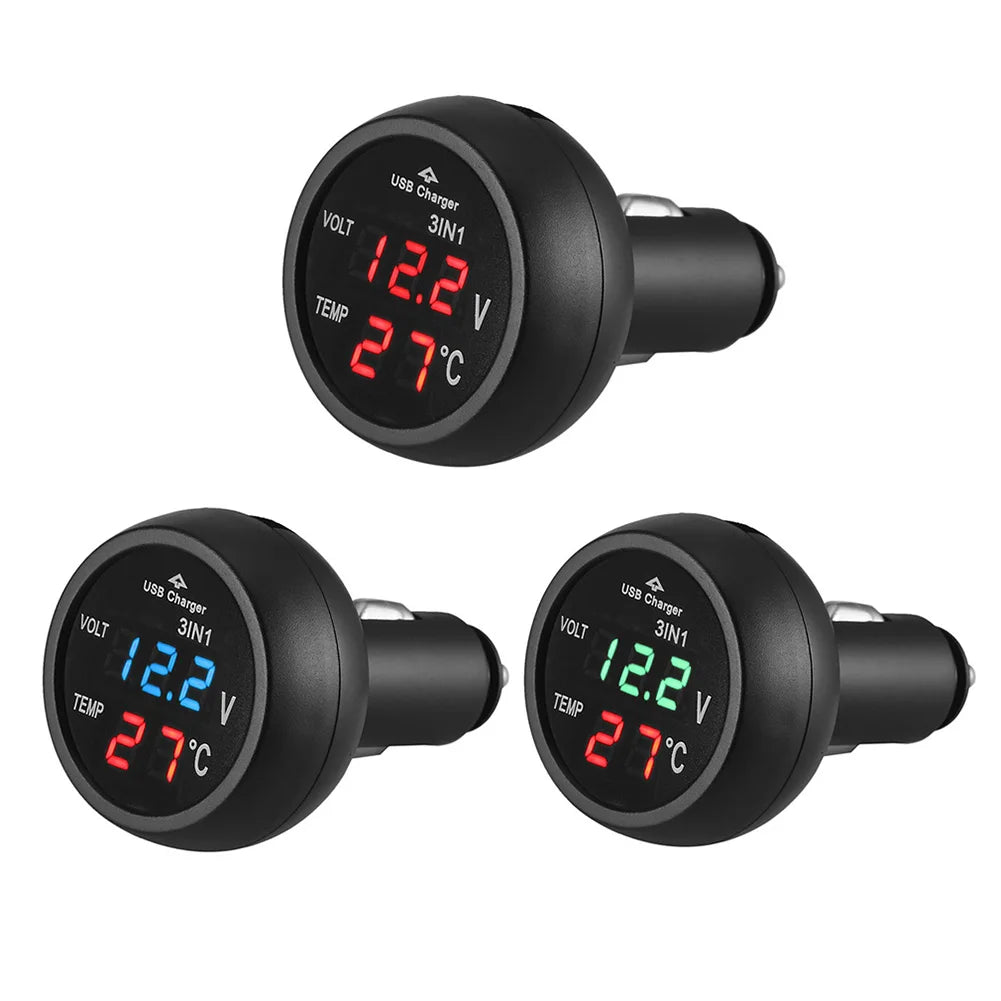3 in 1 12V/24V Digital LED Car Cigarette Lighter Voltmeter Thermometer Car Truck USB Charger Voltage Current Temperature Meter Peaceful Pleasures Health and Wellness