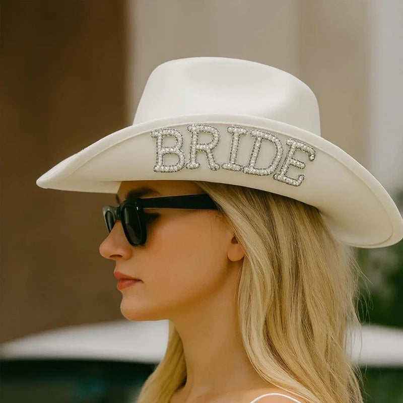 Bride Pearl White Cowboy Hat | Western Bachelorette Wedding Bridal Cowboy Hat Peaceful Pleasures Health and Wellness Bride 30X40CM