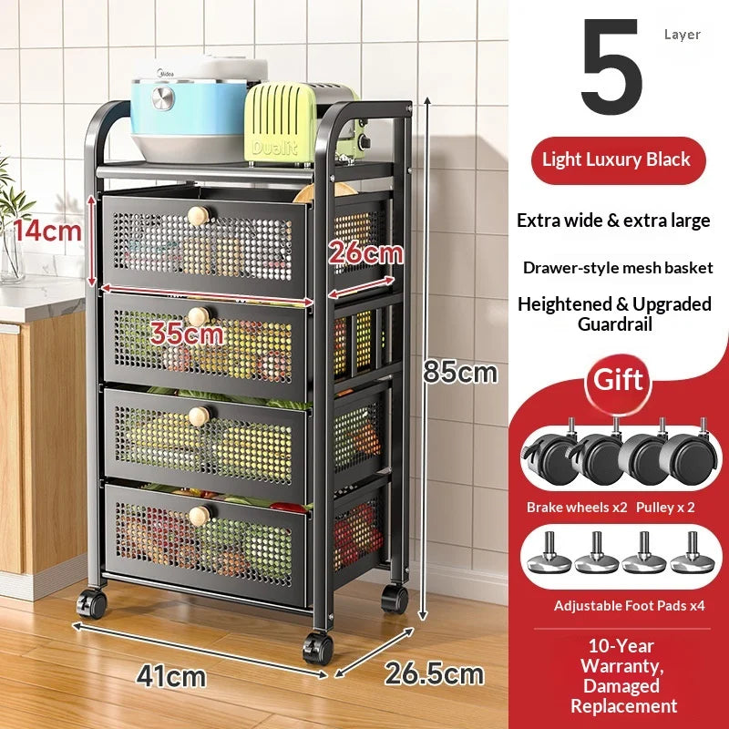 Space Saving Heavy Duty Multi Layer Rolling Fruit Vegetable Basket Storage Cart for Kitchen Floor Standing Organizer Peaceful Pleasures Health and Wellness Black 5 Layers