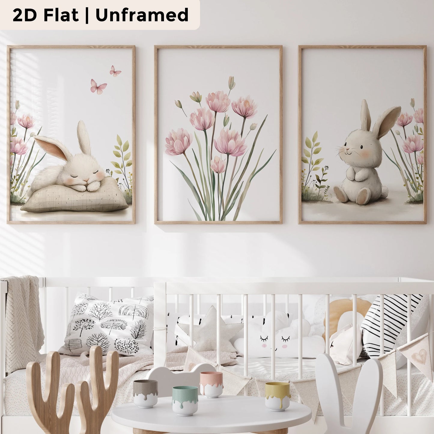 3-Piece Cartoon Flowers & Rabbit Canvas Wall Art Print Set