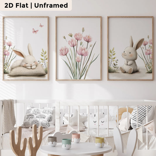 3-Piece Cartoon Flowers & Rabbit Canvas Wall Art Print Set Canvas Wall Art Set Peaceful Pleasures Health and Wellness CH329-3pcs 40x60cm Unframed