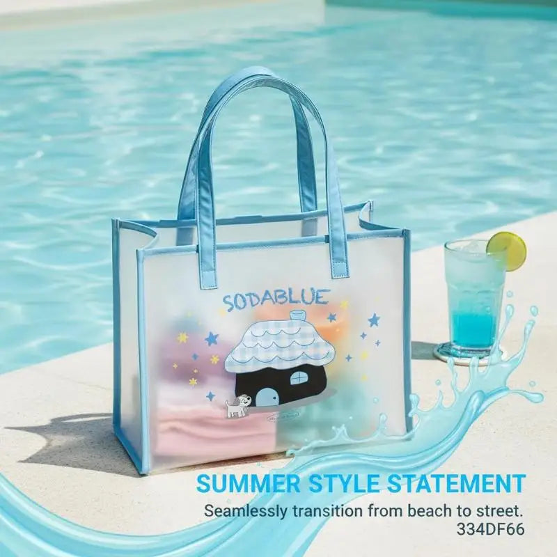 Blue Printed PVC Tote Bag – Waterproof Summer Shopper for Women