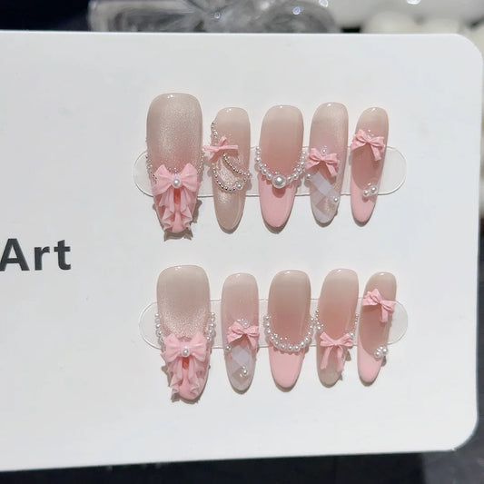 10pcs French Press-On Nails – Pink Bow & Pearl Design Press-On Nail Tips Peaceful Pleasures Health and Wellness XS 2