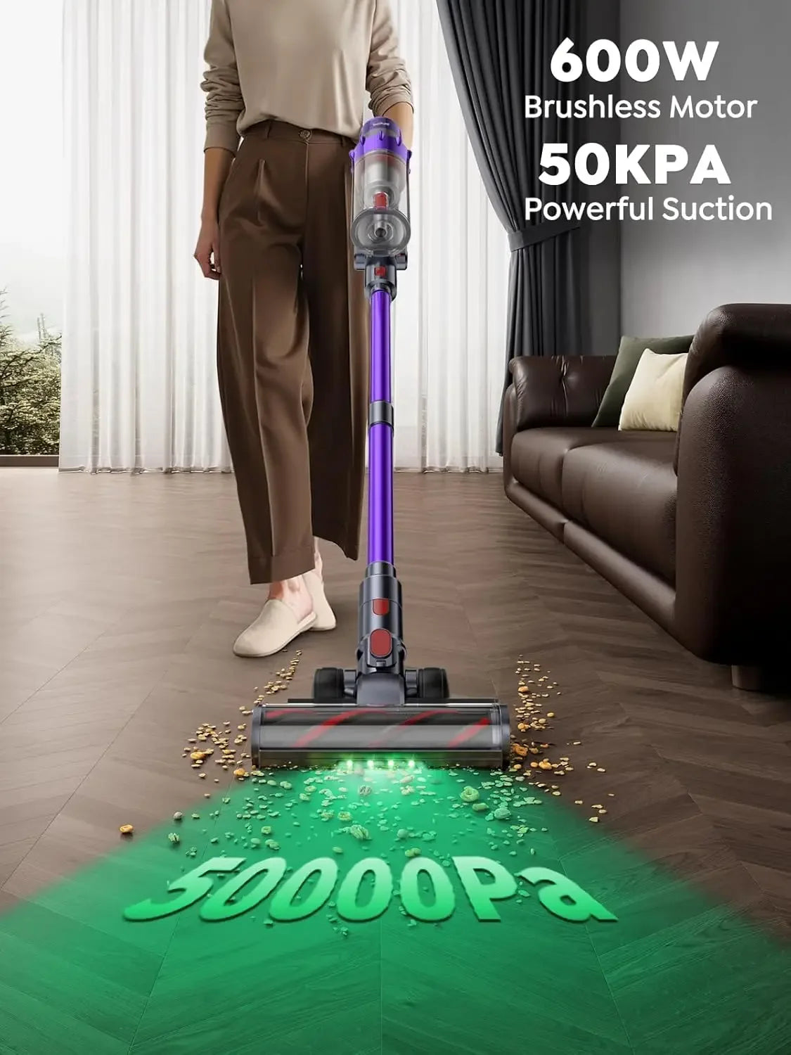 Cordless Vacuum Cleaner 600W 50KPA 65 Min Runtime, Self-Standing Stick Vacuum with Auto Mode for Pet Hair Carpet Floor Peaceful Pleasures Health and Wellness