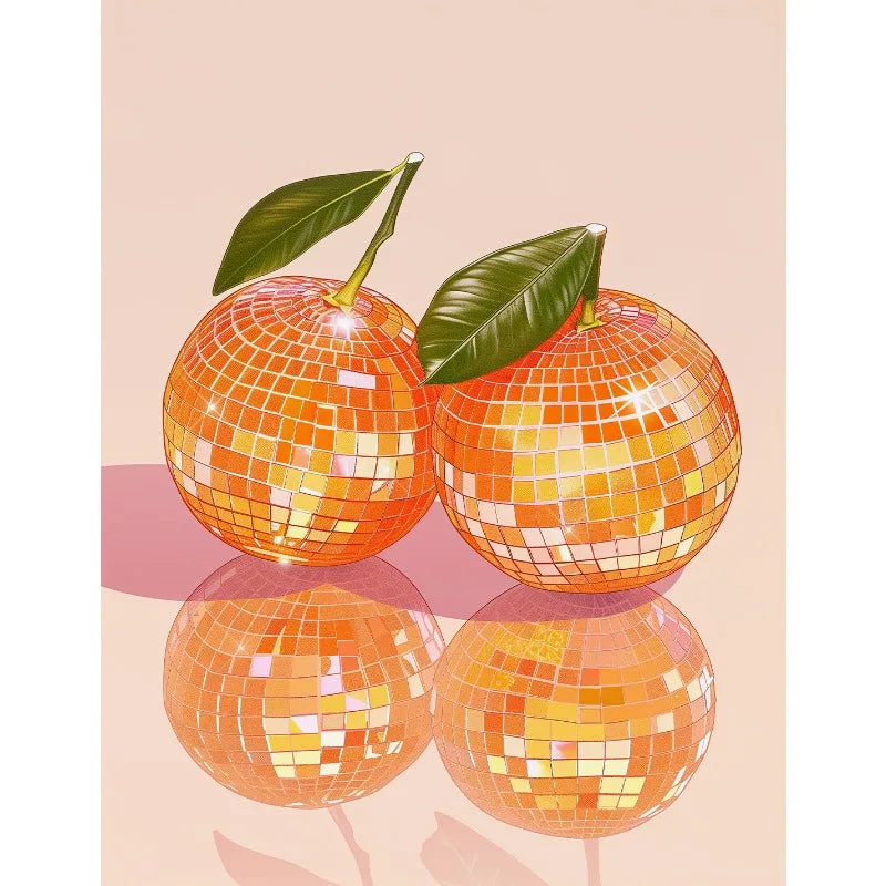 Retro Trendy Glam Fruit Disco Ball Orange Lemon Mirrorball Creative Poster Canvas Painting Wall Art Pictures Home Kitchen Decor Peaceful Pleasures Health and Wellness 9 20x30cm Unframed