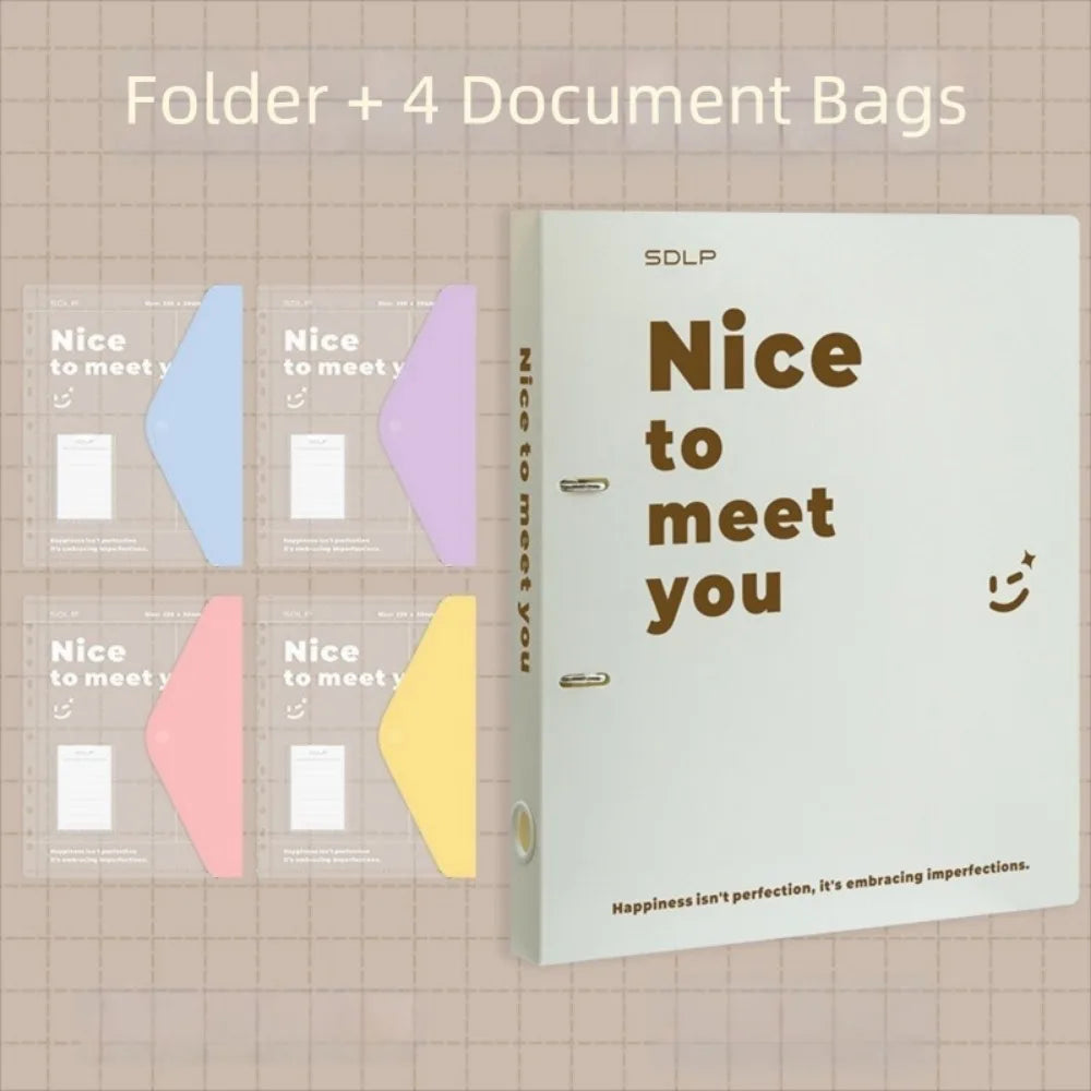 PP Loose Leaf File Bag Set Detachable Waterproof 2 Hole Binder Folders Large Capacity Test Paper Storage Clip School Supplies Peaceful Pleasures Health and Wellness Beige