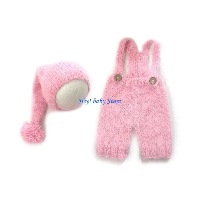 Newborn Photo Props Knit Turban Hat & Suspender Romper Set