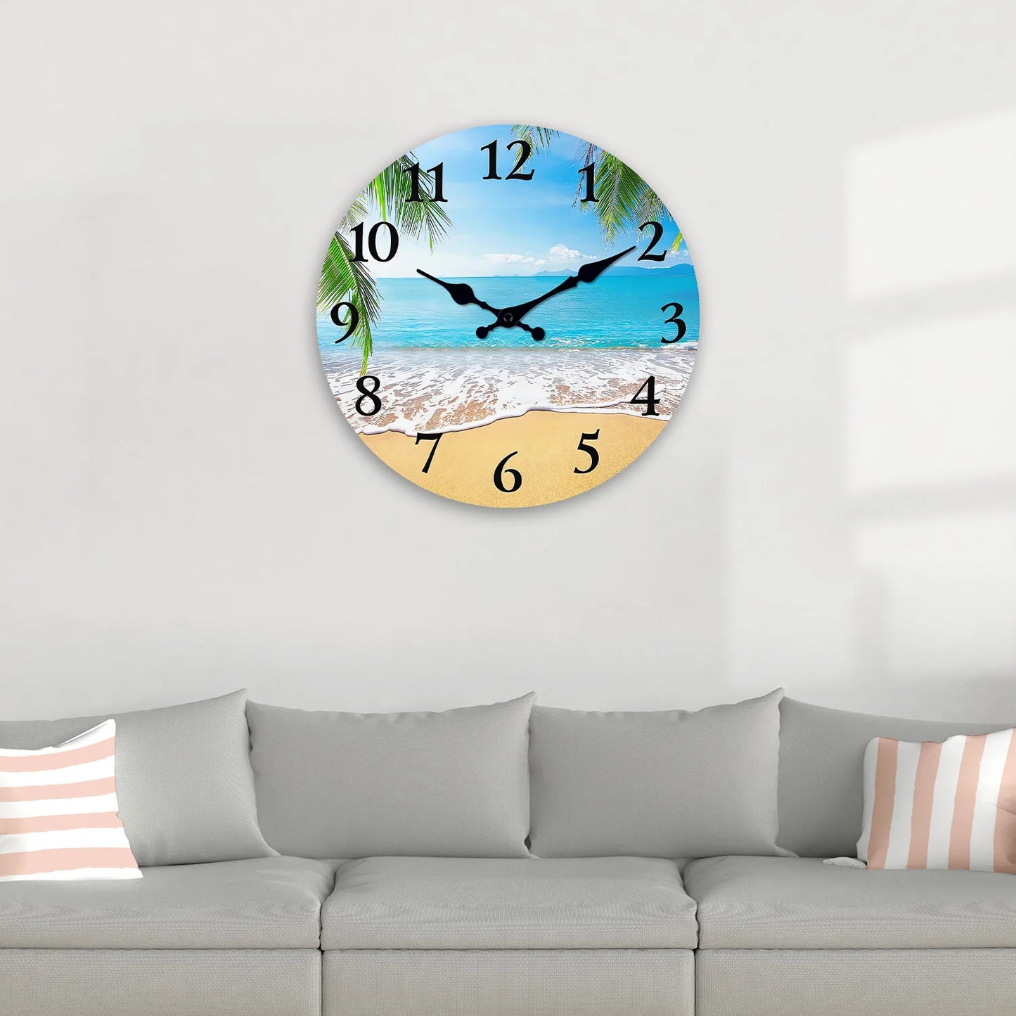 Light Luxury Beach Pattern Wooden Wall Clock for Living Room, Bedroom, Kitchen, Home Decoration, Silent Quartz Clock, Holiday Gift, 10 Inches, 12 Inches (No Battery) Peaceful Pleasures Health and Wellness