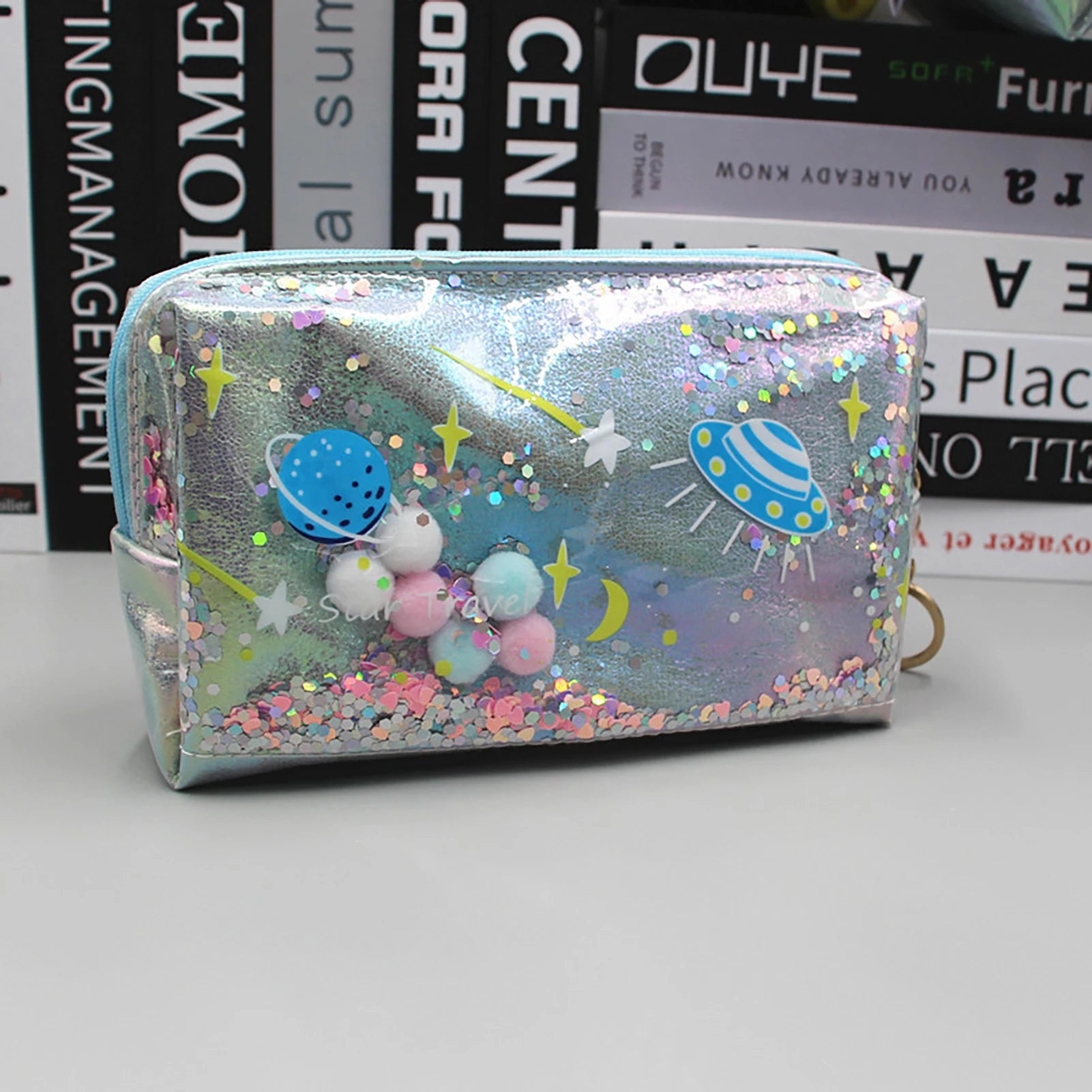 Large Capacity Planet Glitter Cosmetic Bag Cute Starry Makeup Pouch For Girls Student Pencil Case Travel Toiletry Bag Peaceful Pleasures Health and Wellness Blue