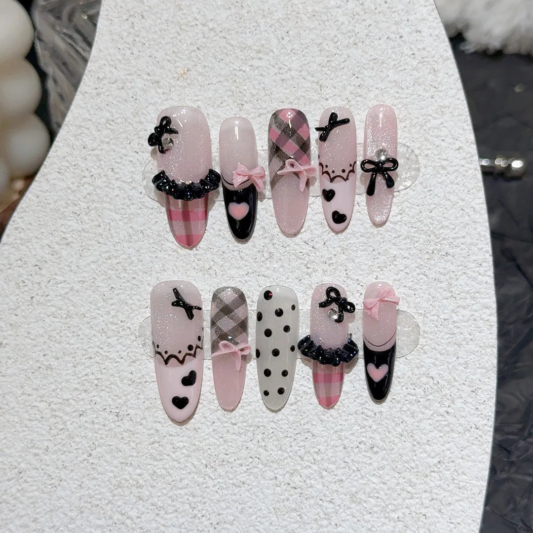 10pcs French Press-On Nails – Pink Bow & Pearl Design