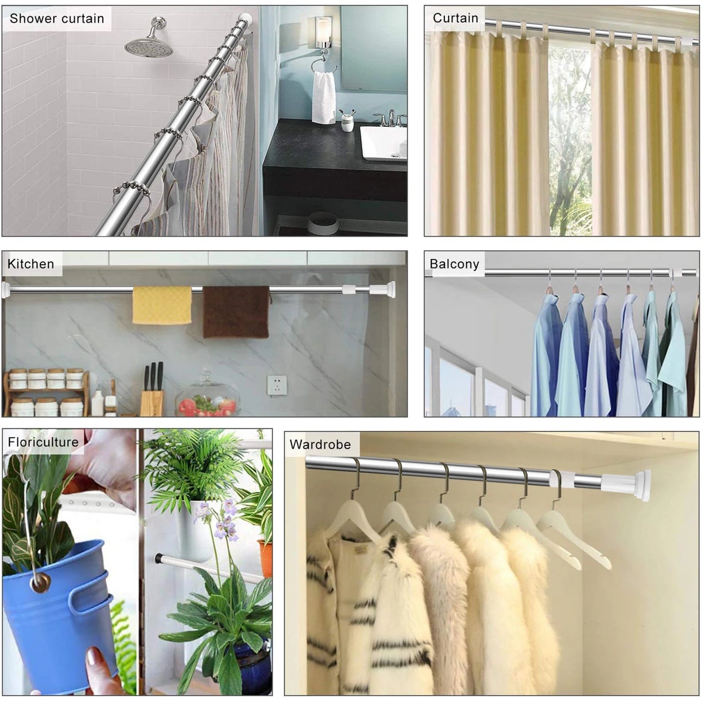 No-Drill Tension Shower Curtain Rod | Adjustable Steel Pole