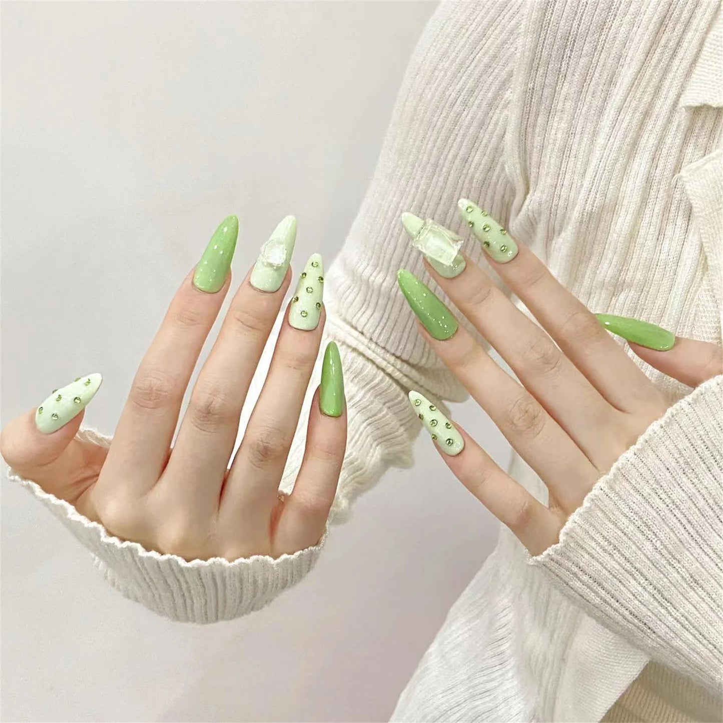 10pcs Handmade Press On Nails Summer Lime Green Cat's Eye Long Almond False Nails Flash Rhinestone Decor For Women Trendy Style Peaceful Pleasures Health and Wellness