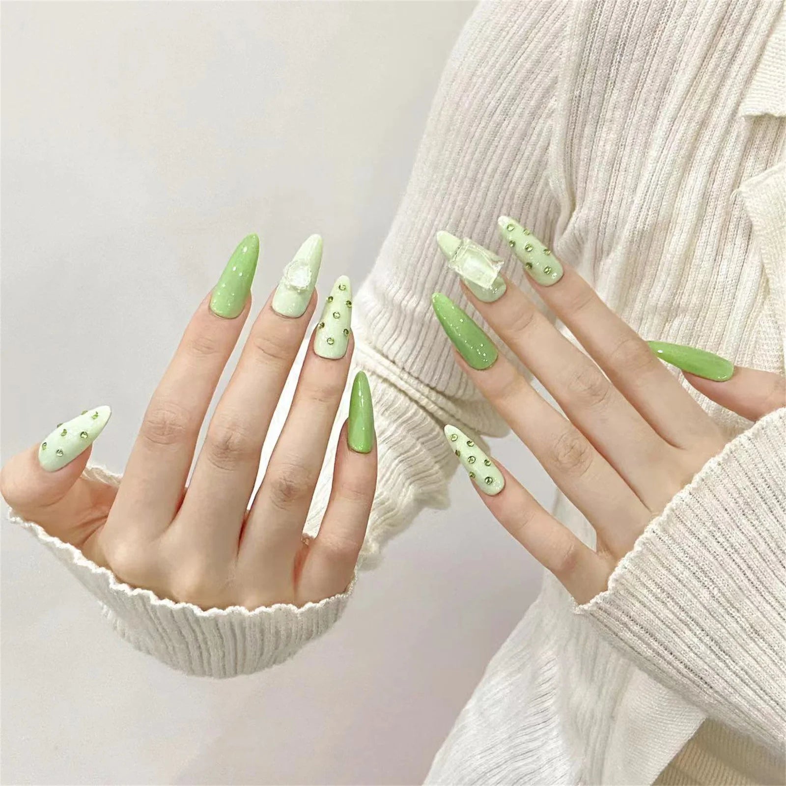 10pcs Handmade Press On Nails Summer Lime Green Cat's Eye Long Almond False Nails Flash Rhinestone Decor For Women Trendy Style Peaceful Pleasures Health and Wellness