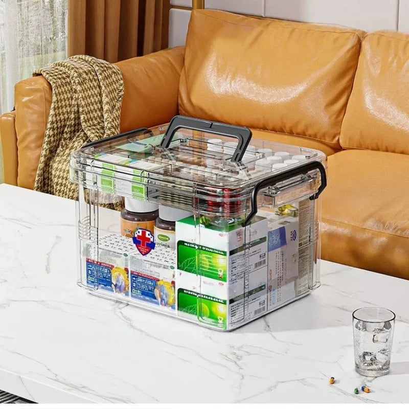 Clear Medicine Organizer Box with Tray & Labels | Storage Chest
