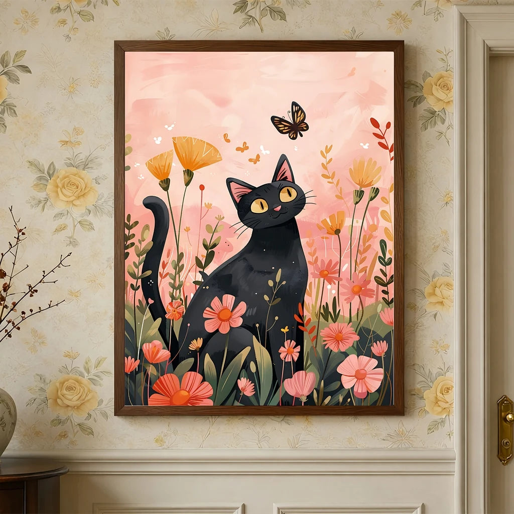 Nordic Wall Art Cute Black Cat Playing with Flowers Canvas Painting Modern Style Poster Prints Bedroom Living Room Wall Decor Peaceful Pleasures Health and Wellness