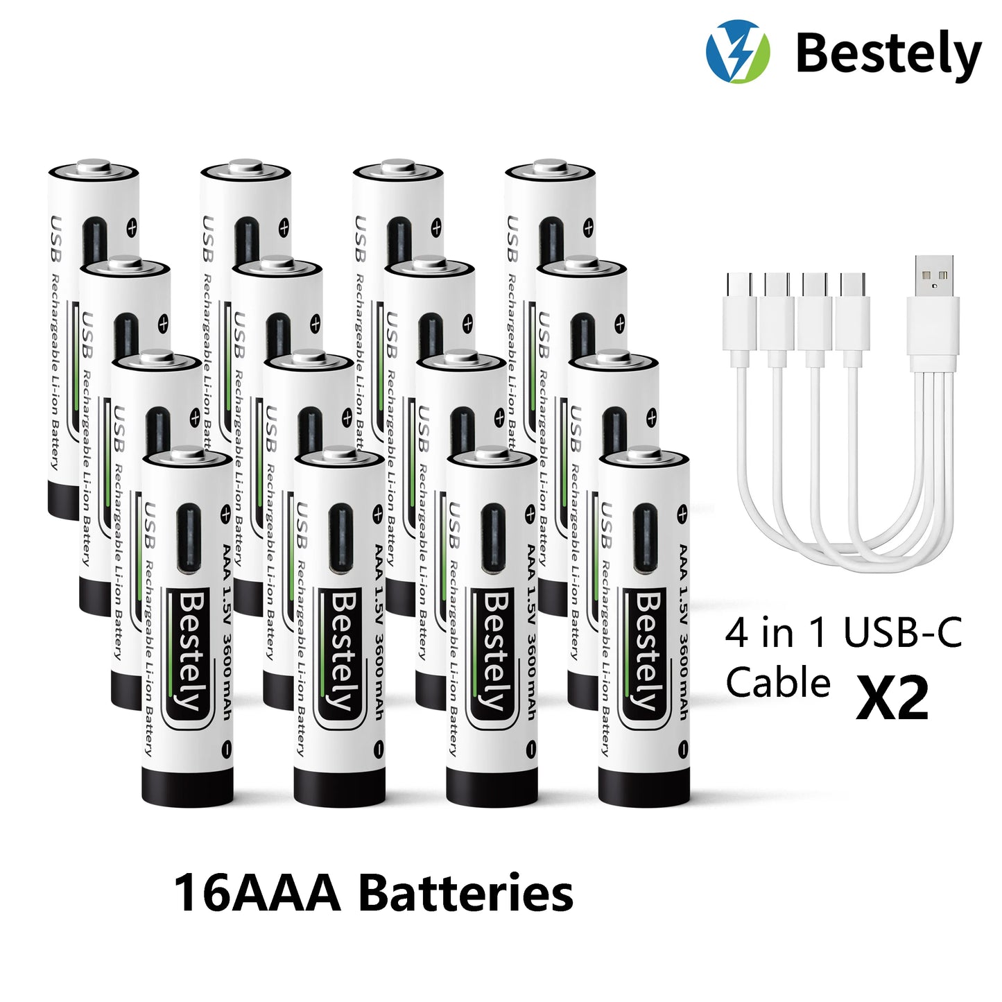 AAA Battery Rechargeable Li-Ion 1.5V 3600mAh 2000 Cycles USB-C Fast Charging Long-Lasting with free USB- C Cable Peaceful Pleasures Health and Wellness 16 pcs Batteries