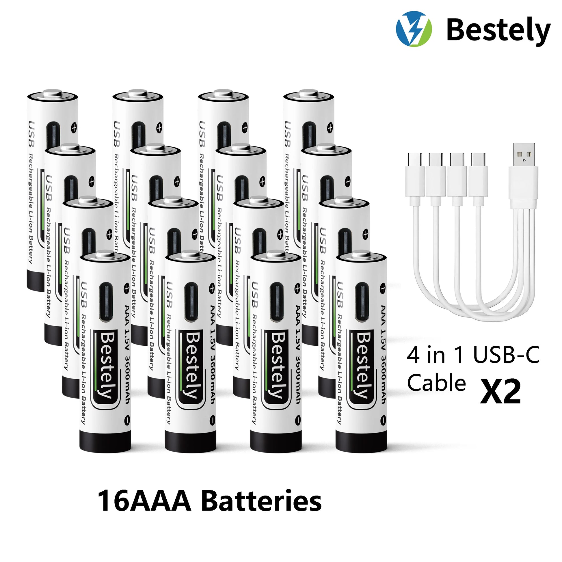 AAA Battery Rechargeable Li-Ion 1.5V 3600mAh 2000 Cycles USB-C Fast Charging Long-Lasting with free USB- C Cable Peaceful Pleasures Health and Wellness 16 pcs Batteries