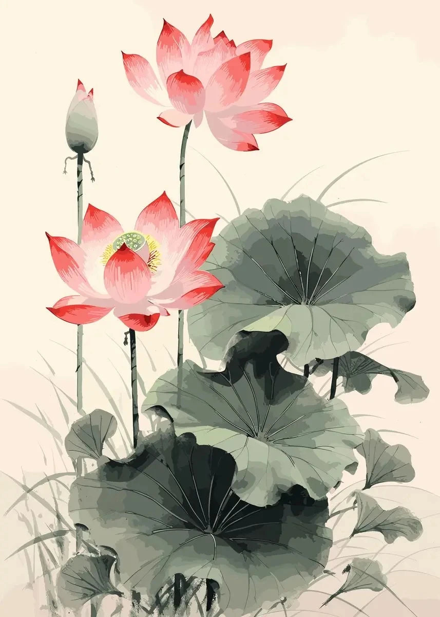 Chinese Lotus Flower Canvas Wall Art Print | Unframed Poster