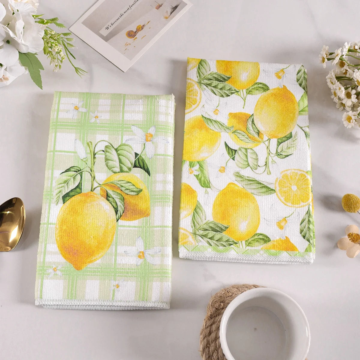 Italy Lemon Hand & Dish Towels | Rustic Kitchen Tea Towels 2pc Kitchen Tea Towels Peaceful Pleasures Health and Wellness