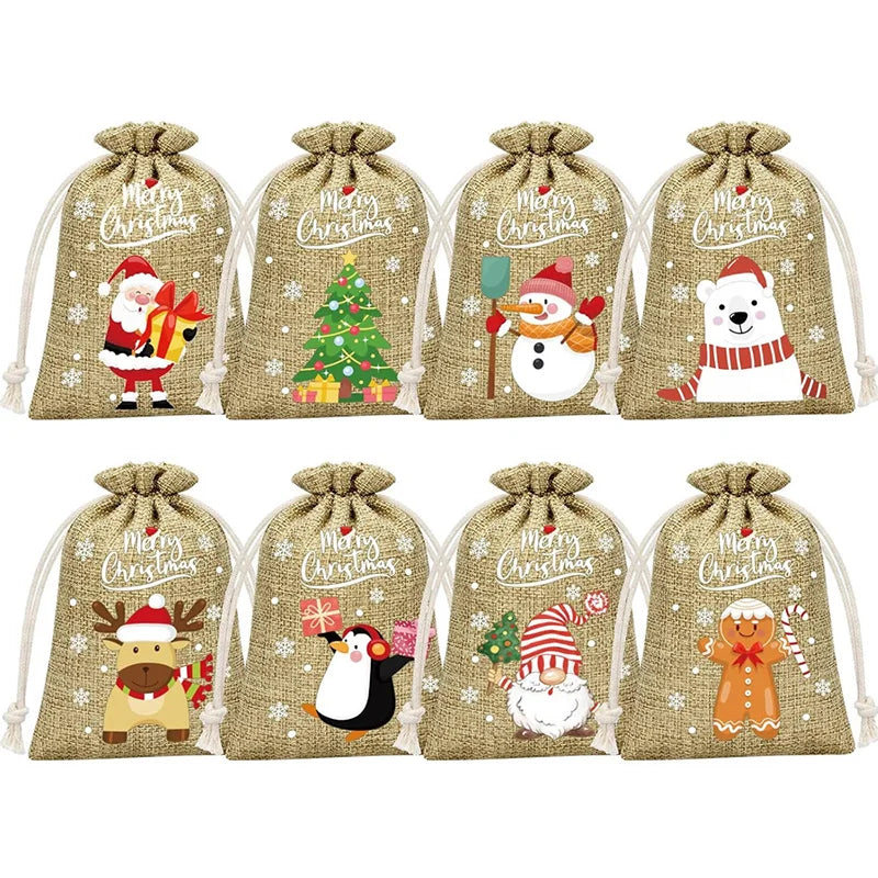 6/12PCS Christmas Linen Drawstring Bags Candy Biscuits Pouchs Burlap Bracelet Jewelry Storage Bags Gift Packaging Bags Peaceful Pleasures Health and Wellness 01 Christmas 8PC 10x14cm