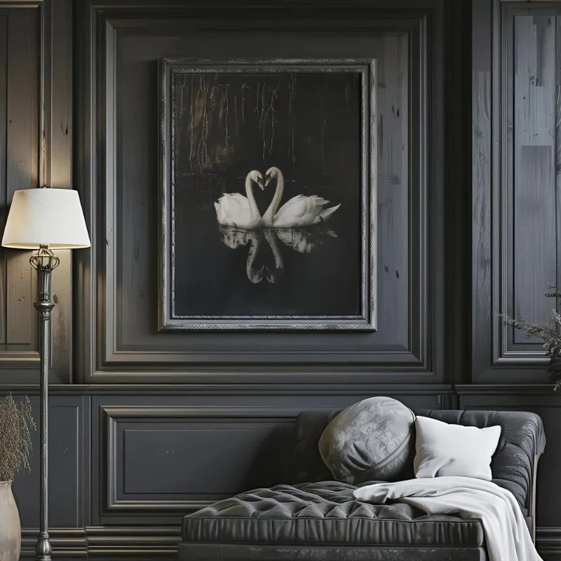 Unframed Gothic Style Swan Couples Heart Aesthetics Art Poster Dark Academia Moody Romantic Vintage Painting Canvas Wall Picture Peaceful Pleasures Health and Wellness