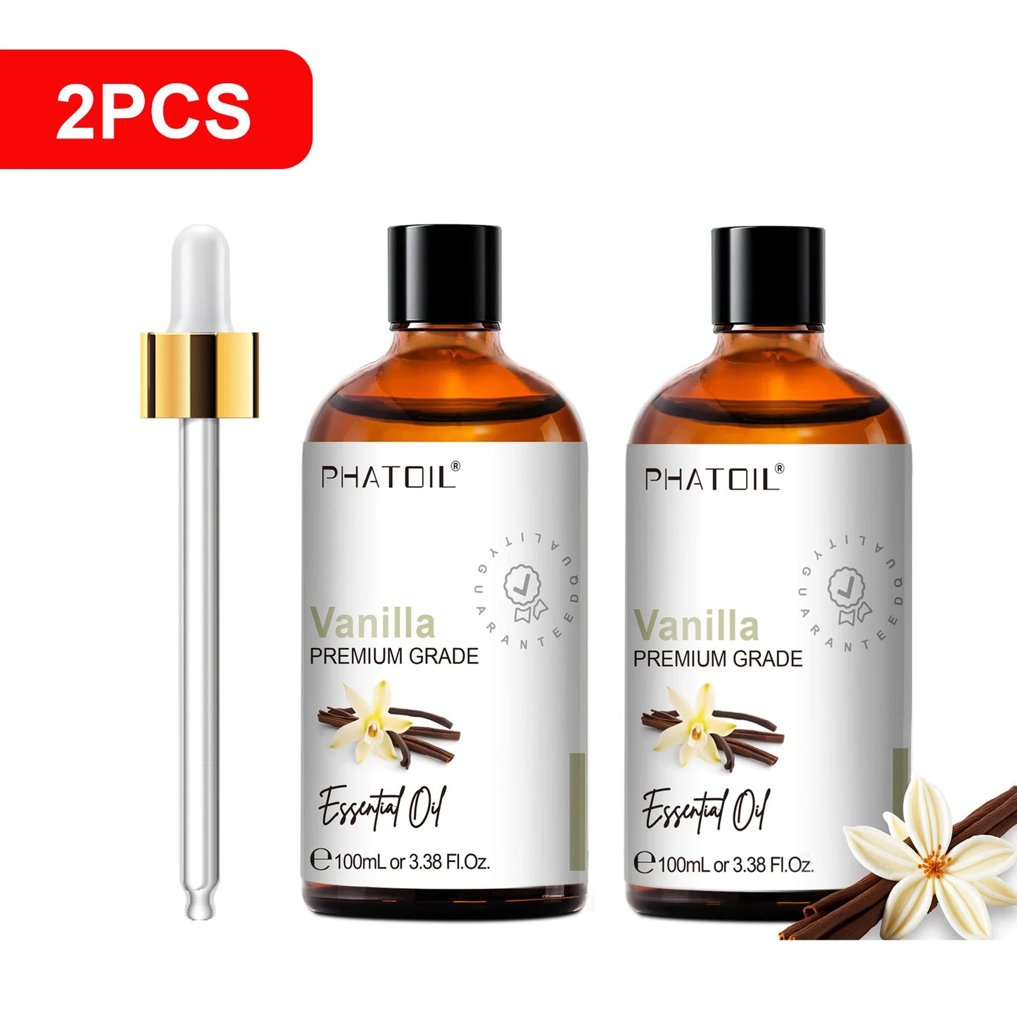 PHATOIL 100ml(3.38 fl.Oz) Eucalyptus Peppermint Tea tree Vanilla Bergamot Aromatherapy Essential Oil For Diffuser,Candle Making Peaceful Pleasures Health and Wellness 2pcs Vanilla 100ml