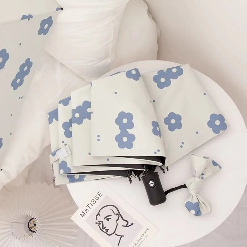 Automatic Folding Umbrella Pastoral Flower Pattern Black Coated Sun Protection Three Fold Rain and Sun Dual Use Parasol Peaceful Pleasures Health and Wellness