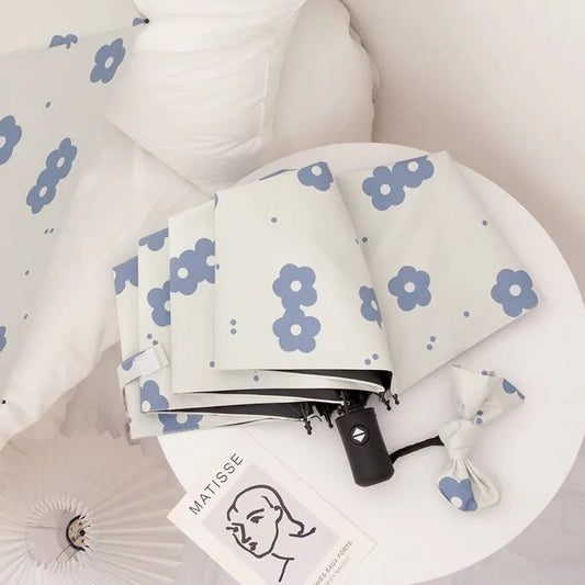 Automatic Folding Umbrella Pastoral Flower Pattern Black Coated Sun Protection Three Fold Rain and Sun Dual Use Parasol Peaceful Pleasures Health and Wellness