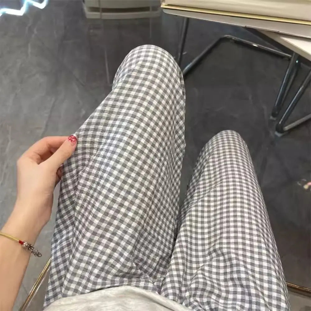 Women's High Waist Wide Leg Plaid Pajama Pants | Cotton Pajama Pants Peaceful Pleasures Health and Wellness XXXS gray lattice