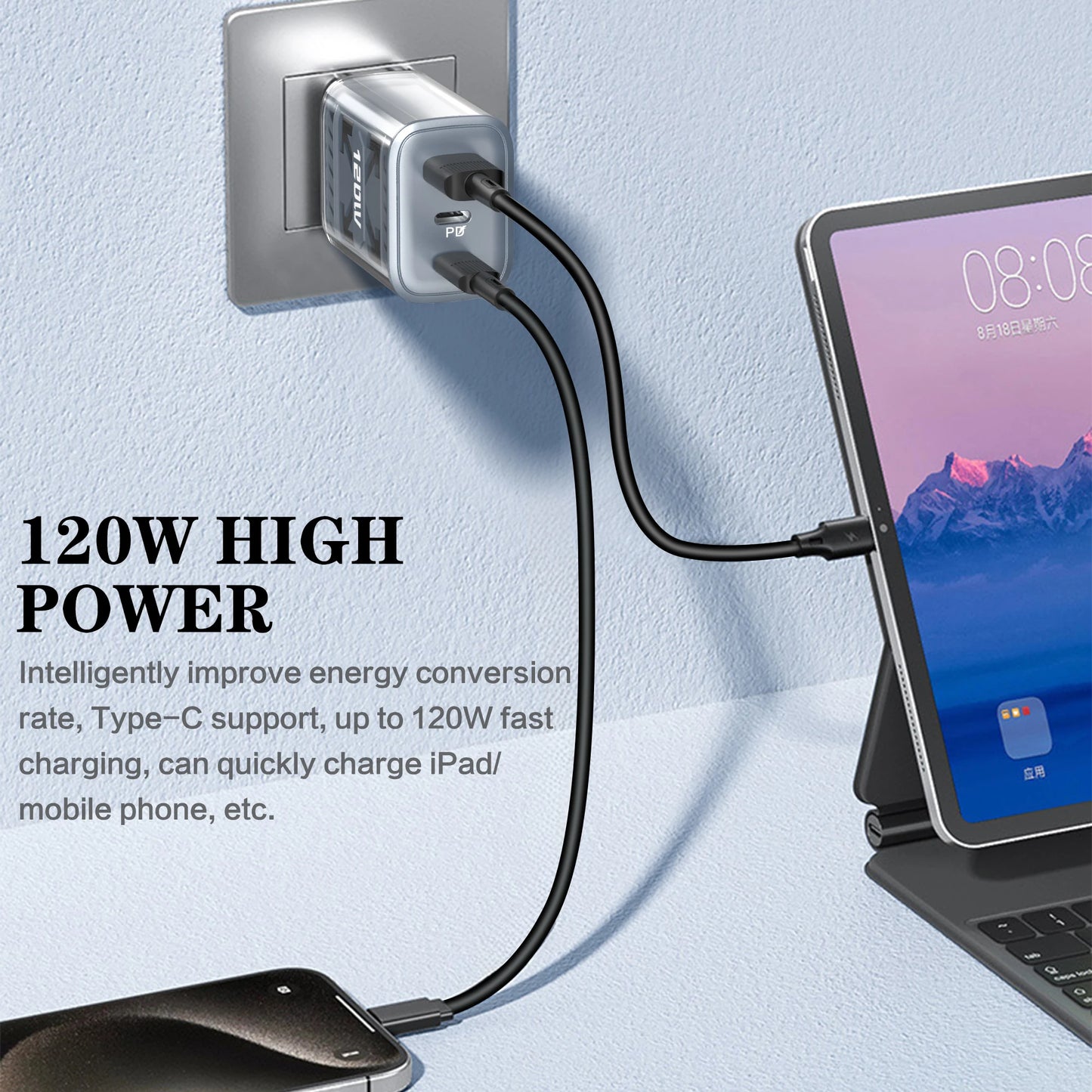 120W USB-C 3-Port Fast Charger PD QC3.0 | EU & US Plug