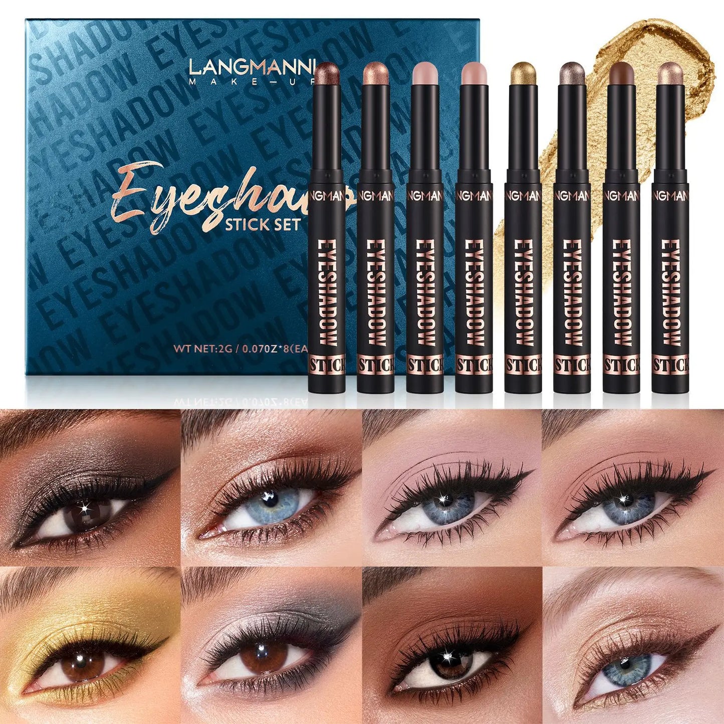 Langmanni 16 Metallic Eyeshadow Sticks – 8 Colors, Waterproof