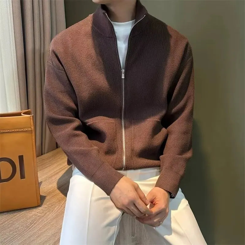 Men's Slim Fit Zip-Up Stand Collar Knit Cardigan Sweater
