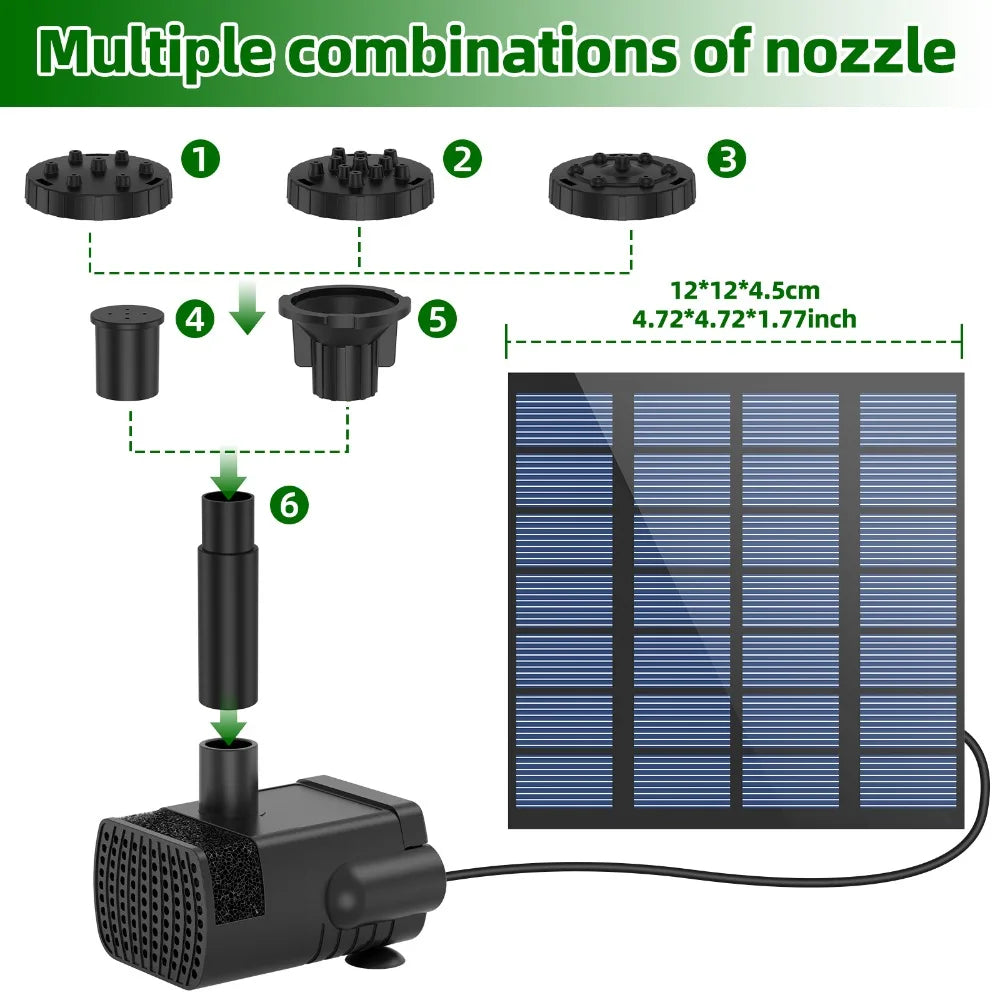 1.8W Split Solar Fountain Pump – 6 Nozzles, Bird Bath & Garden