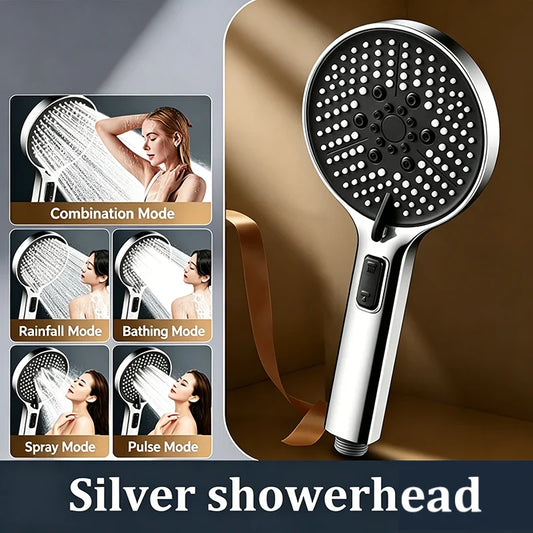 5-Mode High Pressure Handheld Shower Head | Water Stop Button Handheld Shower Head Oasis Select Silver