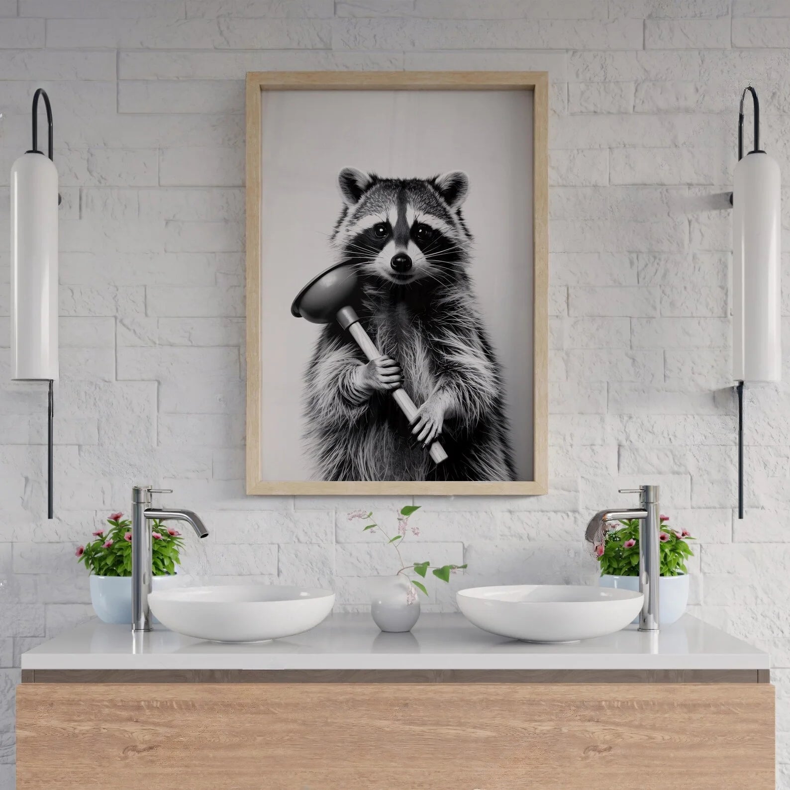 Funny Raccoon Wall Art Print – Black & White Bathroom Decor Canvas Wall Art Peaceful Pleasures Health and Wellness