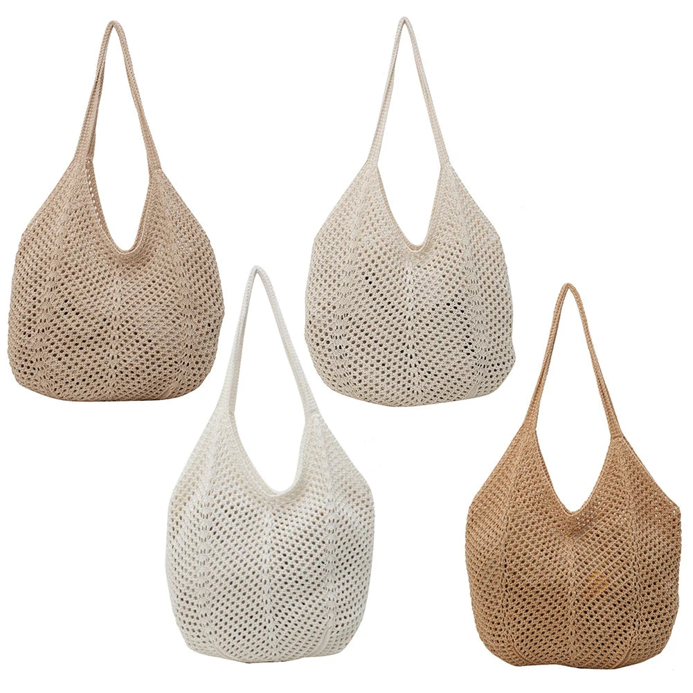 Women Knitting Shoulder Bag Solid Color Hollow Summer Bag Large Capacity Knitted Tote Handbag Female Outdoor Bag Peaceful Pleasures Health and Wellness