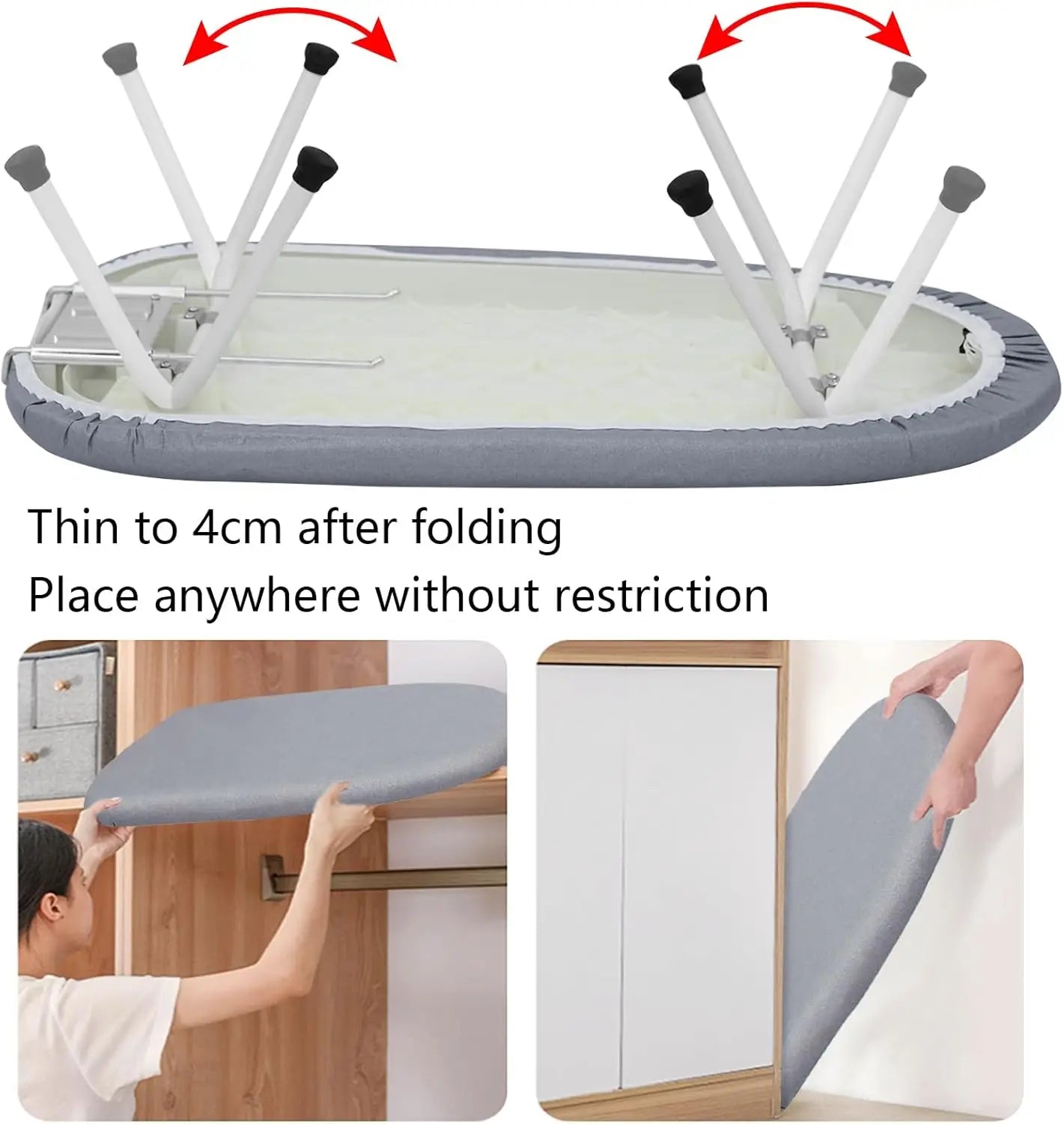 Foldable ironing board with thin profile and ease of use features.