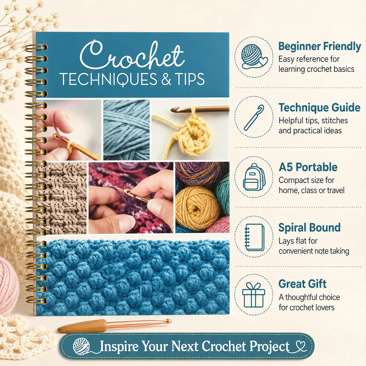 Crochet Techniques Tips A5 Spiral Notebook Guide Journal Beginners