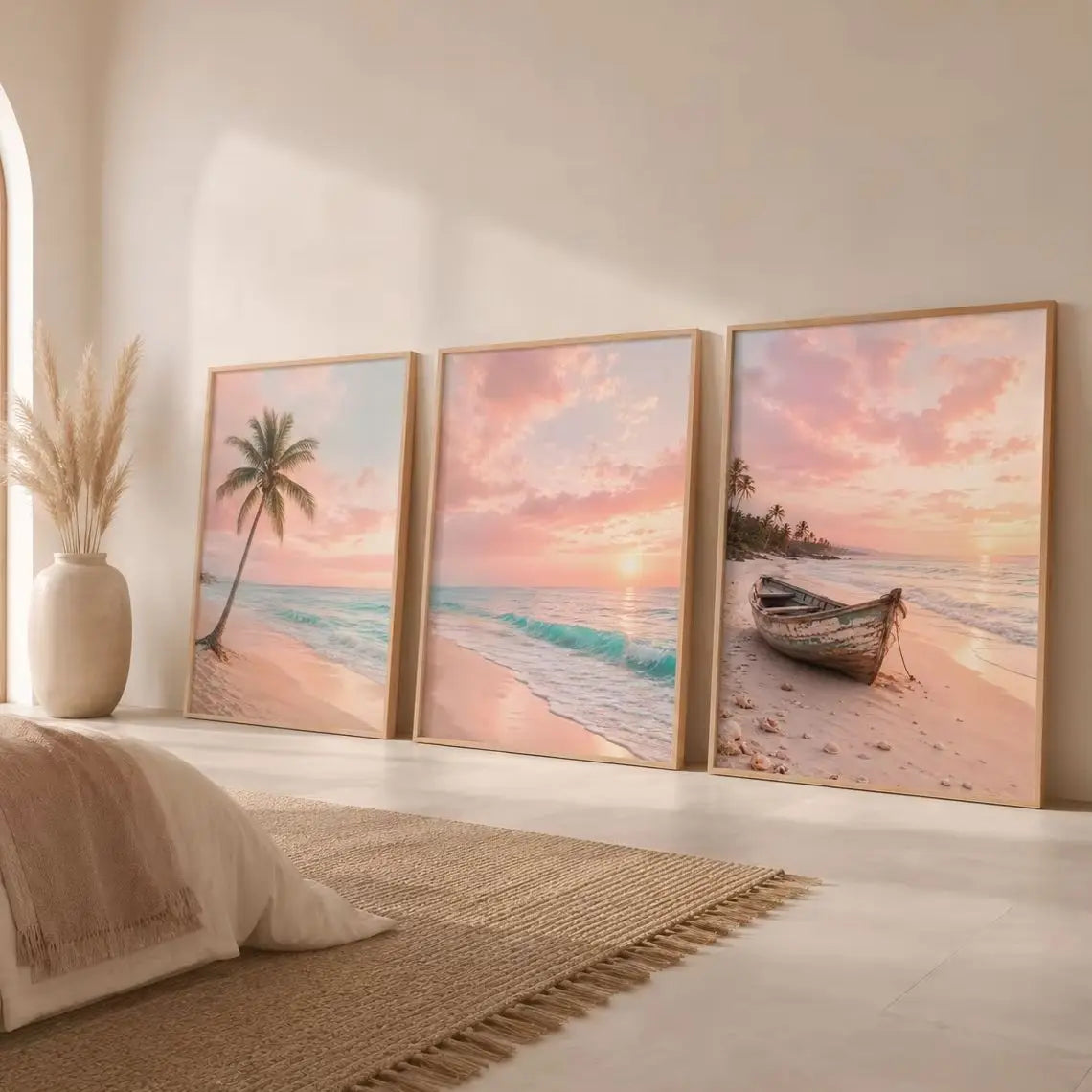 Nordic Coastal Beach Wall Art Pink Sunset Canvas Painting Tropical Ocean Palm Tree Poster Print Living Room Decor Peaceful Pleasures Health and Wellness