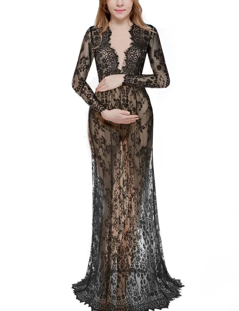 Sexy Deep V-Neck Long Sleeve Lace Beach See-Through Maternity Maxi Dress Douche de bébé Photographie de vêtements de maternité Peaceful Pleasures Health and Wellness black S China Mainland