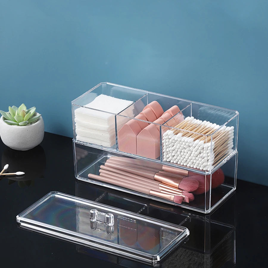 Clear 3-Compartment Bathroom Organizer – Cotton Ball, Swab & Vanity Makeup Storage Container